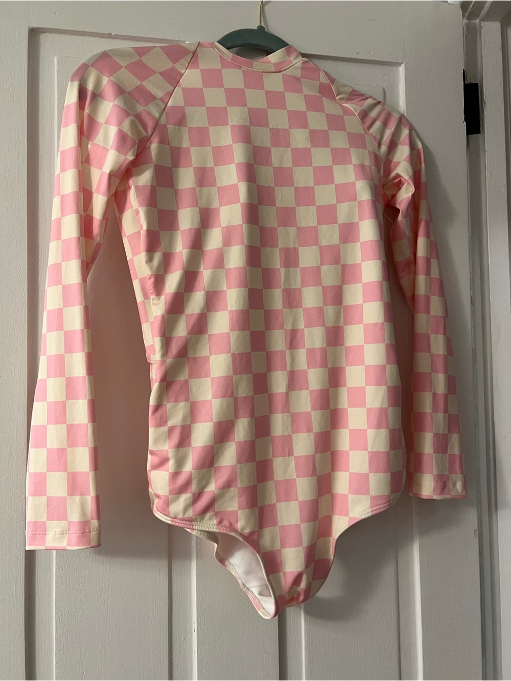 Albion Pink and Cream Checkered Long-Sleeve One-Piece Swimwear